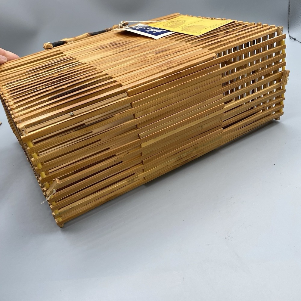 Vintage JOHN WIND Folding Basket Handbag Purse Bamboo Taiwan Boho Folds Flat - Picture 8 of 12